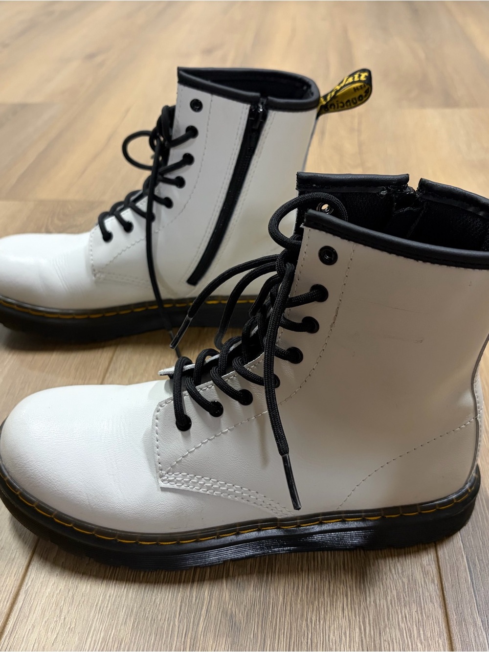 Dr. Martens White and Black Kids Lace-Up Side-Zip Boots